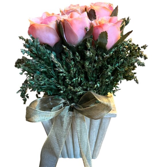 Silk Pink Tea Rose Plant Resin Planter Gold Wire Ribbon 7" Tall x 5.5" Square - Picture 1 of 13